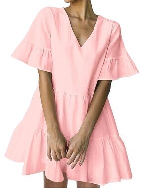 FANCYINN Pink Shift Dress  Pockets Bell Ruffle  Loose Swing Mini Medium
